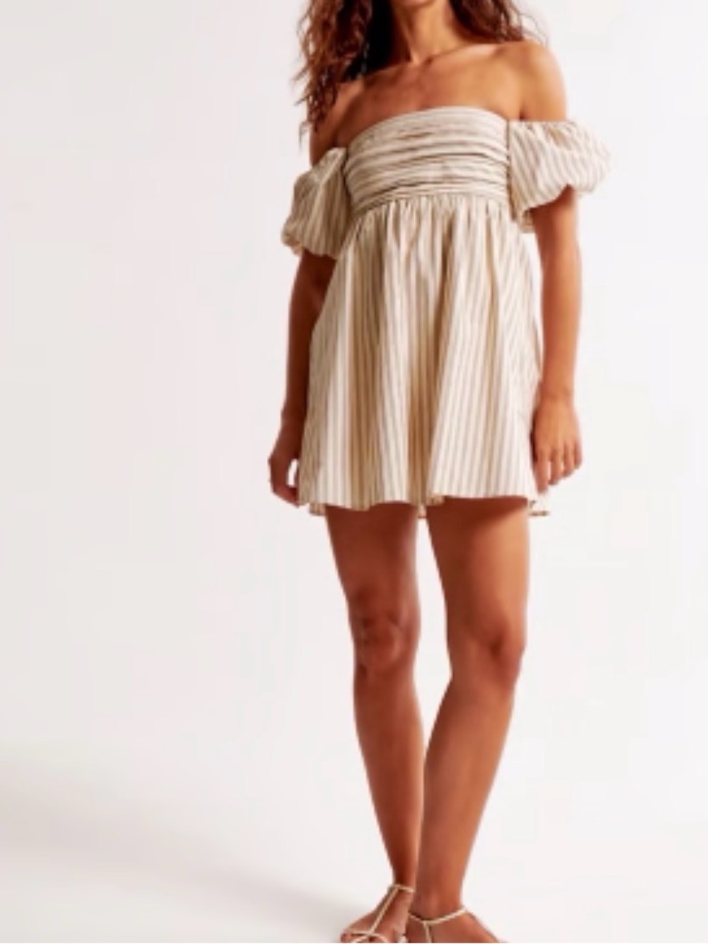 Abercrombie & Fitch Cream and Tan Striped Off-Shoulder Romper